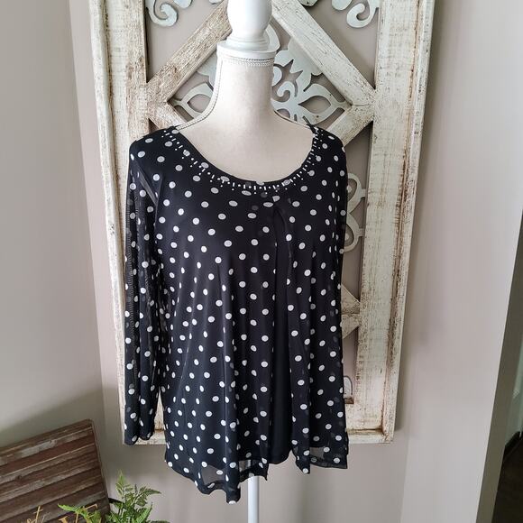 Notations Women's 3/4 Sheer Sleeve Open Drape Embellished Top in Black Polka Dot - Picture 1 of 9